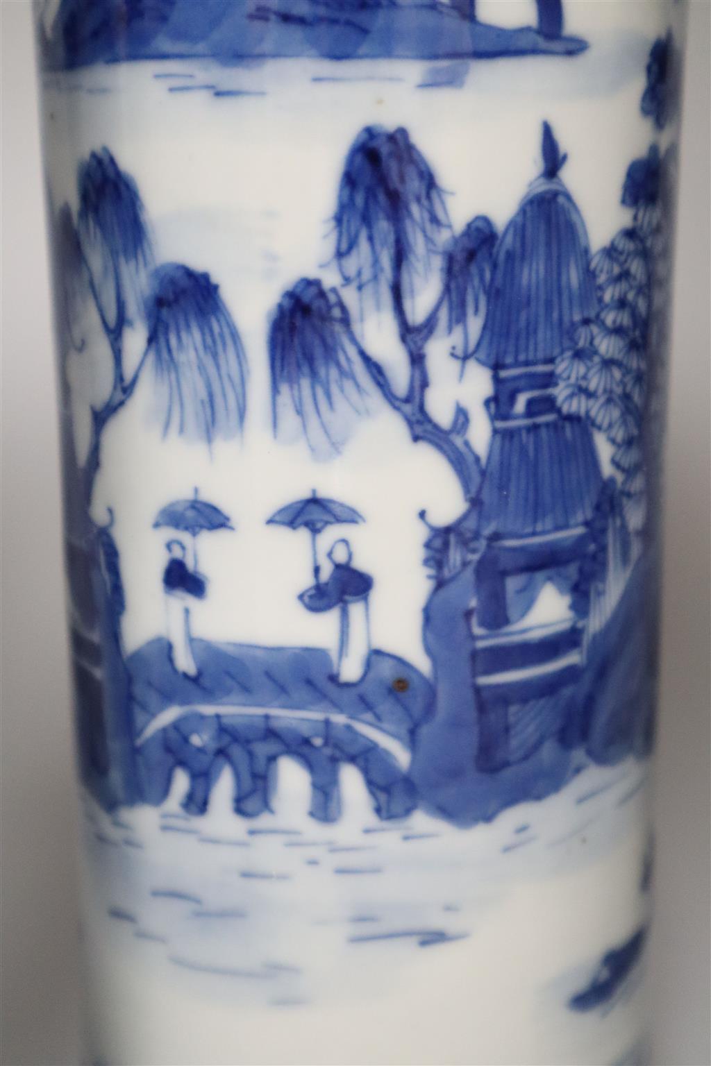 A pair and two other 19th century Chinese blue and white sleeve vases, three bear Kangxi mark, tallest 22cm